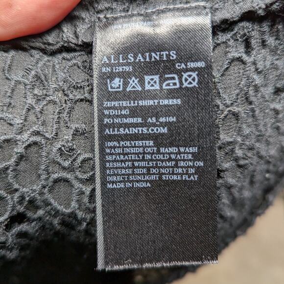 Allsaints Zepetelli Black Sheer Floral Eyelet Lace Mini Button Up Shirt Dress 0 - Picture 6 of 7